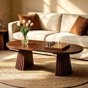 Walnut Extendable Oval Coffee Table | Multi-Functional Design | Safe Rounded Edges | Simple North American Style