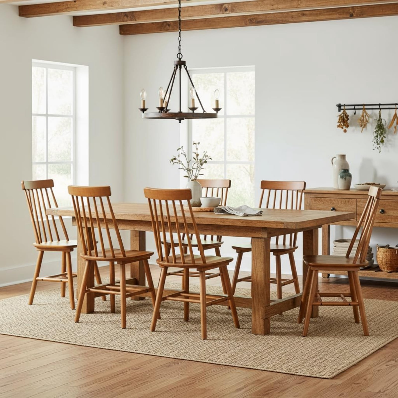 Walnut Farmhouse Dining Chairs Set of 6, Mid Century Modern Spindle Back Wooden Dining Room Chairs for Kitchen & Living Room