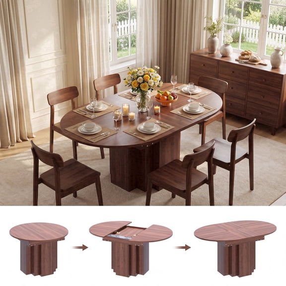 Extendable Round Dining Table, Farmhouse, Walnut, Self-Storing Butterfly Leaf, Fluted Pedestal Base, Seats 4-6