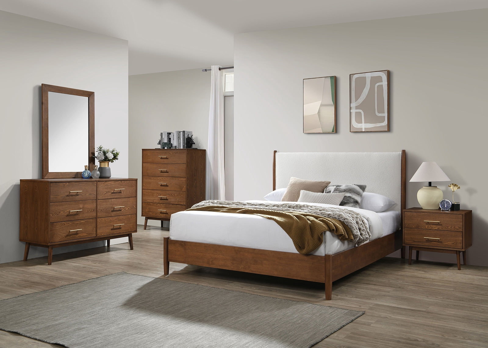 Walnut Finish 4pc Bedroom Set Full Size Bed Dresser Mirror Nightstand Casual Beige Fabric Panel Upholstered HB