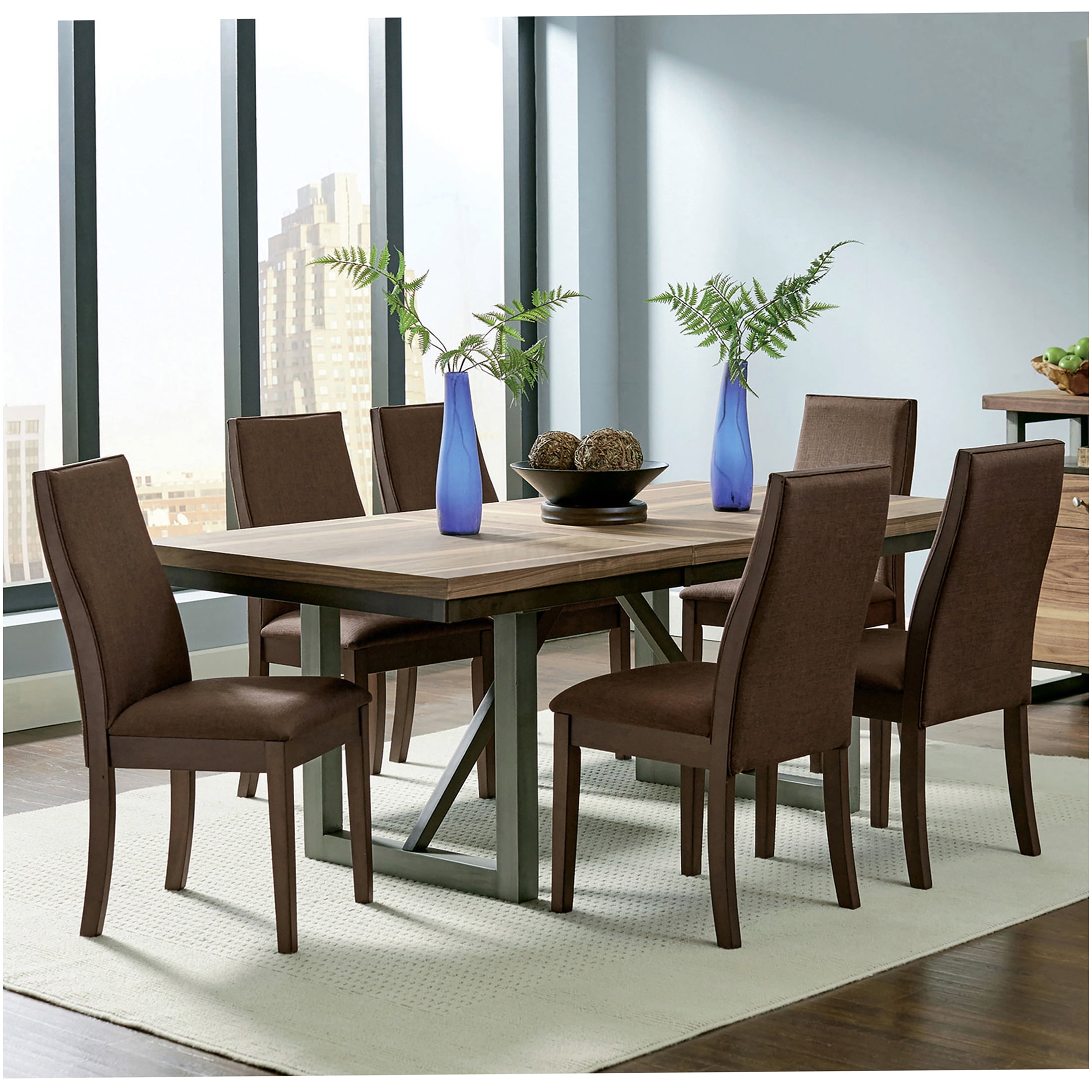 Walnut Finish 7-Piece Dining Table Set with 6 Upholstered Chairs ...
