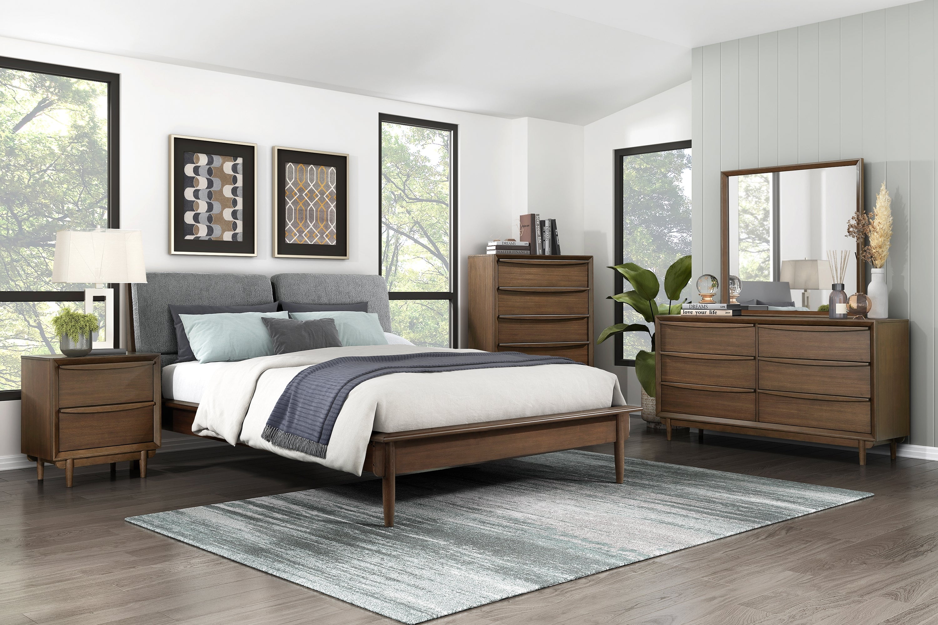 Walnut Finish Classic Modern King Size Bedroom Set 5pc Platform Bed ...