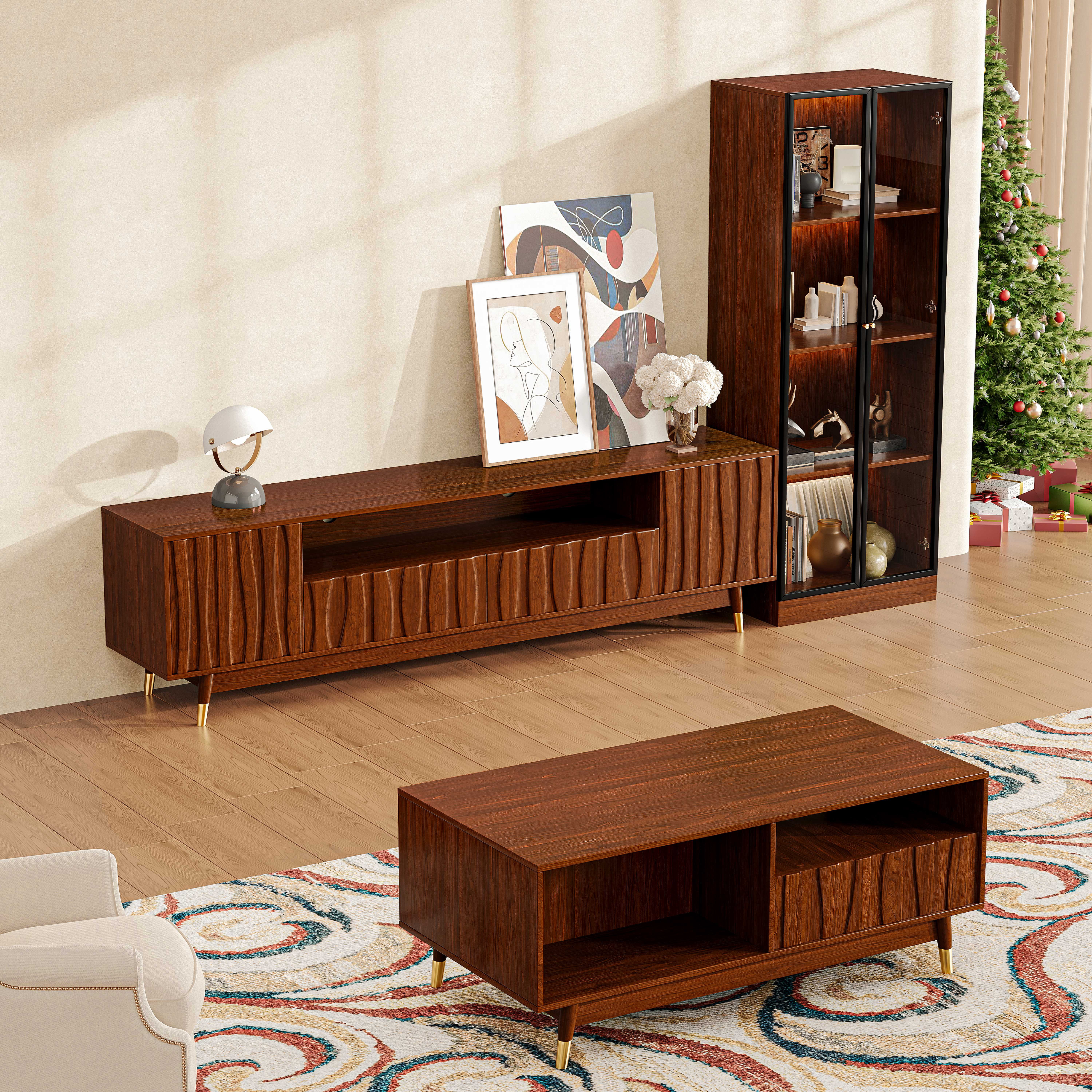 ATJafurn 102.3'' Walnut Finish Entertainment Center Set of 3 for 65/75 ...