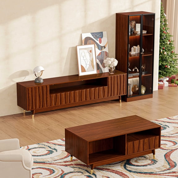 Walnut Finish Entertainment Center with TV Stand, 4-tier Glass Display Case and Coffee Table for Living Room, Luxury Mid-century Modern Wood Media Console Set of 3 with Storage up to 85" TVs, Brown
