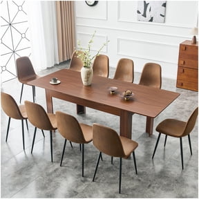 Walnut Finish Expandable Dining Table, 2-Leaf Extension Kitchen Table with Solid Wood Legs, Durable MDF Top for Home and Apartment
