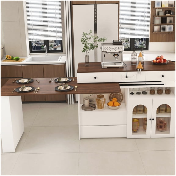 Walnut Finish Expandable Kitchen Island, Rotatable Tabletop, 4-Drawer & Glass Door Storage, with Built-in Power Socket