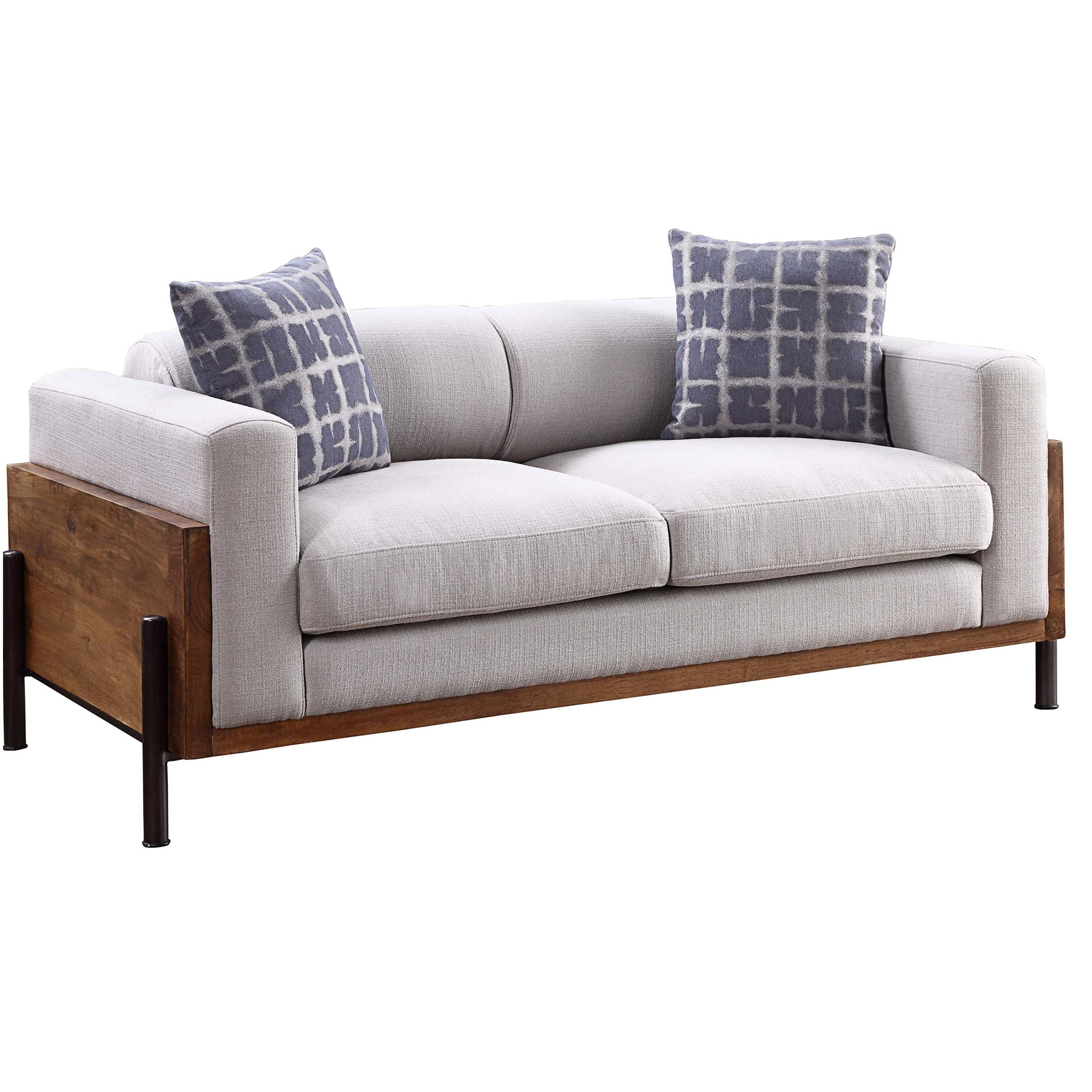Walnut Finish Fabric Loveseat Sofa with Plush Cushions and Track Arms for Living Room