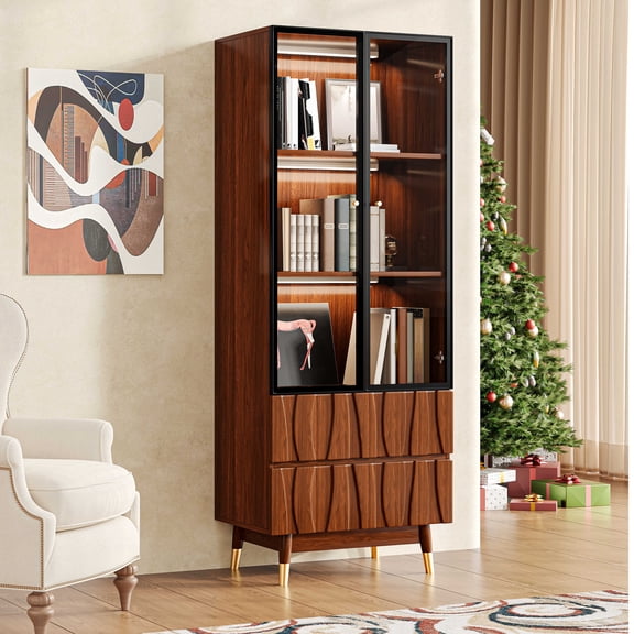 ATJafurn 63 Inches 3-Tier Display Cabinet with Lights and Glass Door, Walnut Finish Mid-Century Modern China Hutch for Living Room and Kitchen