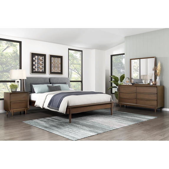 Walnut Finish King Bedroom Set 4pc Platform Bed Upholstered Headboard