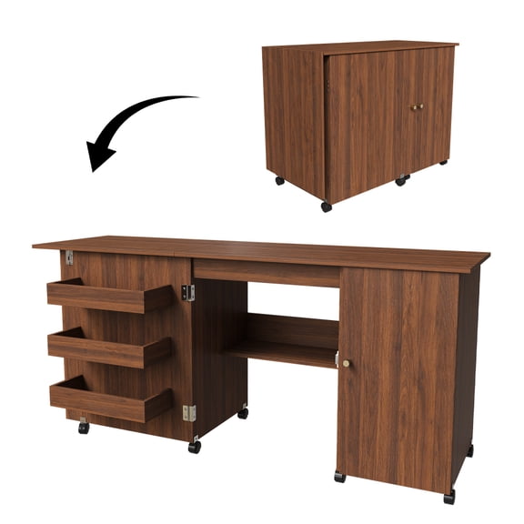 WalnutFinish MDF 57.48 Inch Foldable Sewing Machine Table with Locking Casters & Storage Cabinet for Office