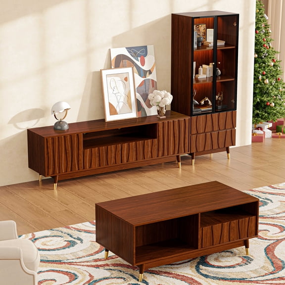 Walnut Finish Media Console Set of 3 for 45/55/65 Inch TV, Wooden Entertainment Center with TV Stand, 4-tier Glass Display Shelves and Center Table with Storage for Living Room