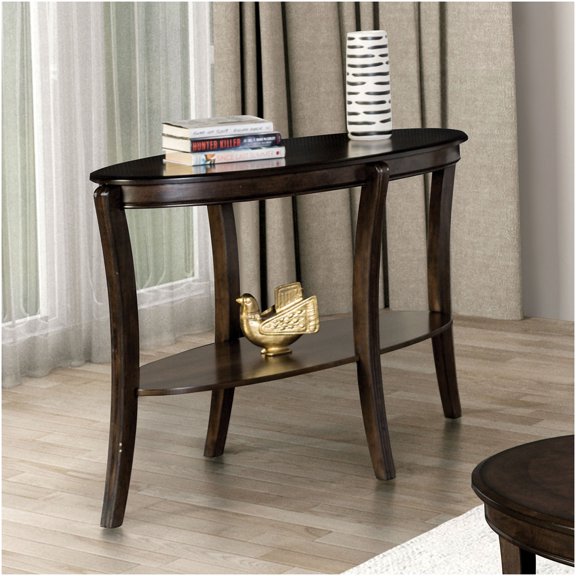 Walnut Finish Oval Sofa Table with Open Shelf Storage and Curved Legs