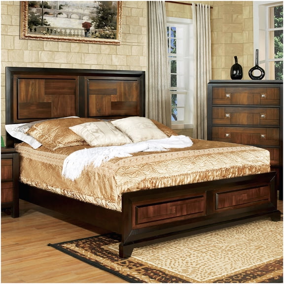Walnut Finish Wood Platform Bed, Queen Bed Frame with Parquet Headboard and Footboard, No Box Spring Needed