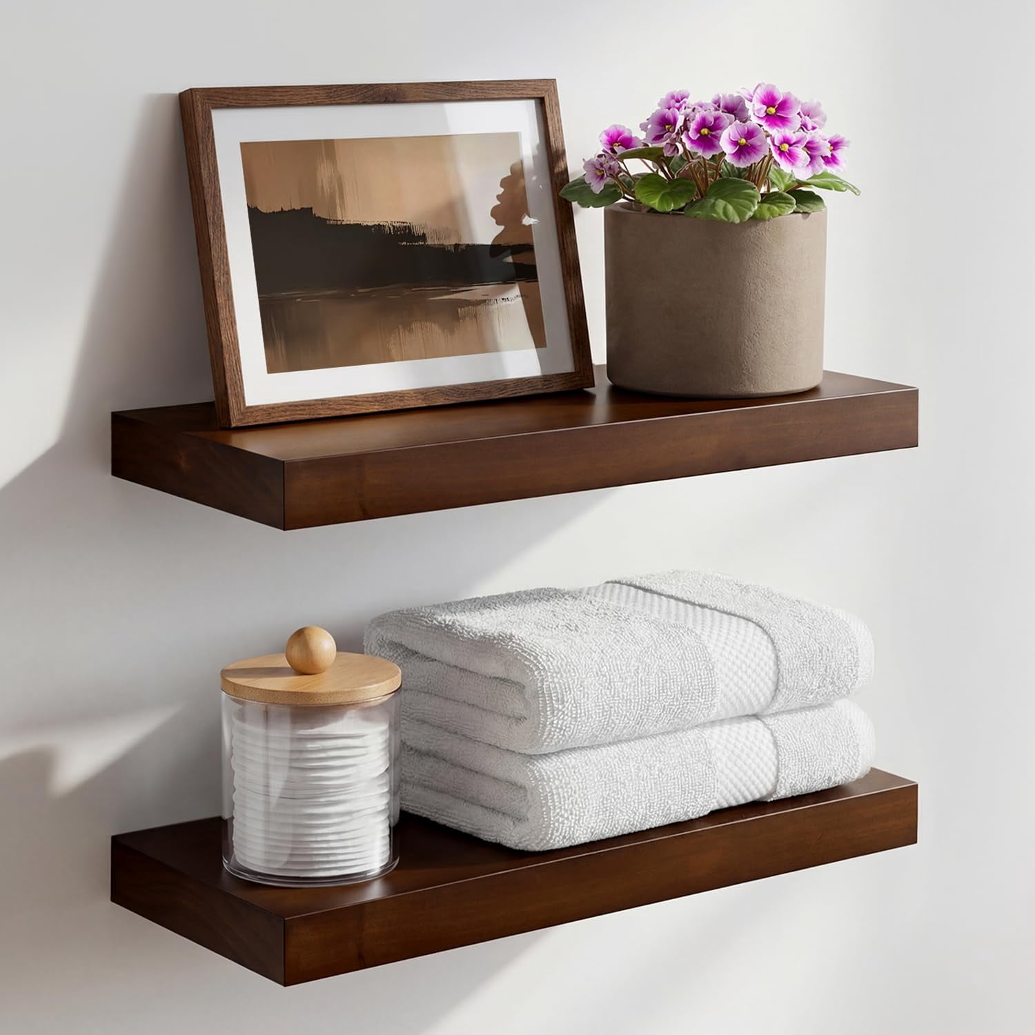 Walnut Floating Bathroom Shelves  High End Solid Real Wood 16 Inch Small Shelf For Wall Mounted Dark Brown 16inch Heavy Duty Bracket 16 X 6.5 1.75 In Set Of 2