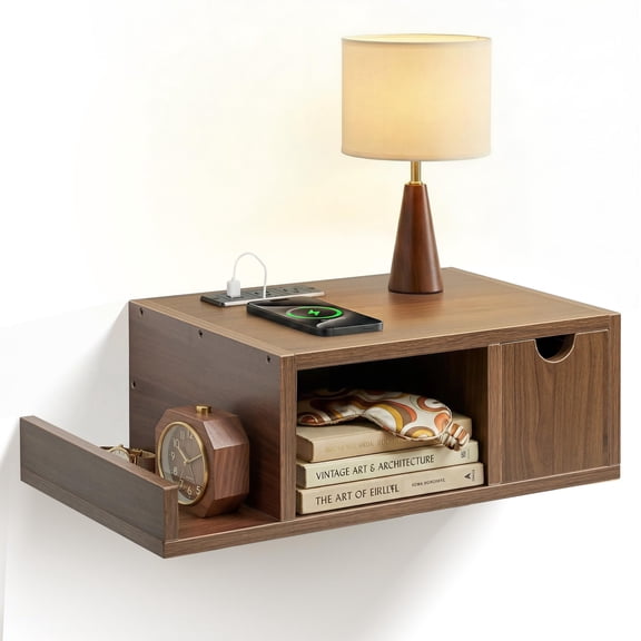 Walnut Floating Nightstand With Wireless Charging Station Wall-Mounted Bedside Table With Drawer And Open Shelf