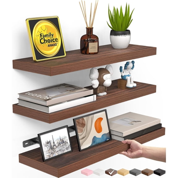 Walnut Floating Shelves Set of 3, Mid-Century Modern Wall Shelf, 15.7 Inch Engineered Wood, Home Decor Storage, E. Walnut-like - Mid-century Modern Style / 3 / 15.7inches