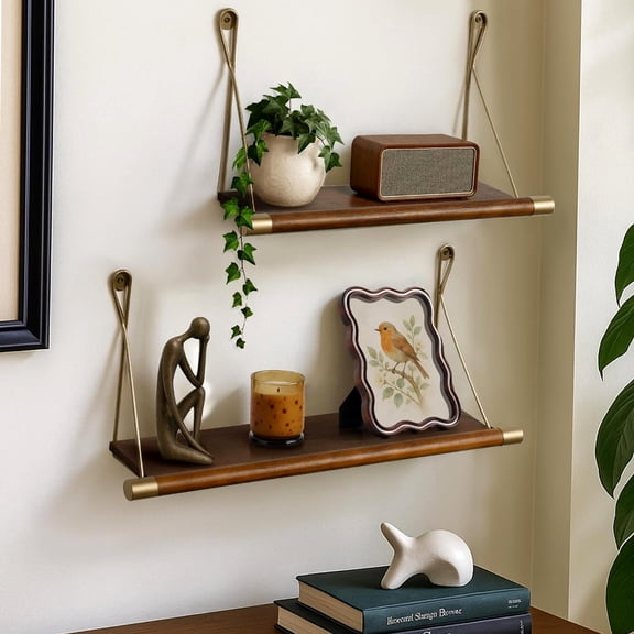 Walnut Floating Shelves for Wall Mid Century Modern Decor Brass Shelf 26 Pounds, Walnut