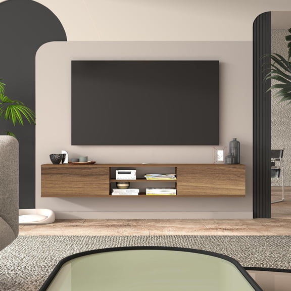 Walnut Floating TV Stand Under TV Shelf, Wall Mounted Shelf, Modern Floating Entertainment Center, 71" Large Storage Media Console Wall Unit for Living Room,Bedroom (Walnut)
