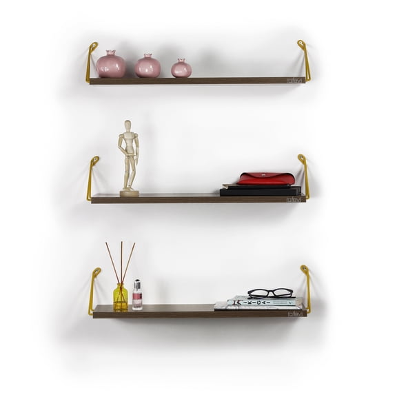 Walnut Floating Wall Shelf with Metal Brackets, Rustic Wood Wall Mounted Display Rack for Books and Decor