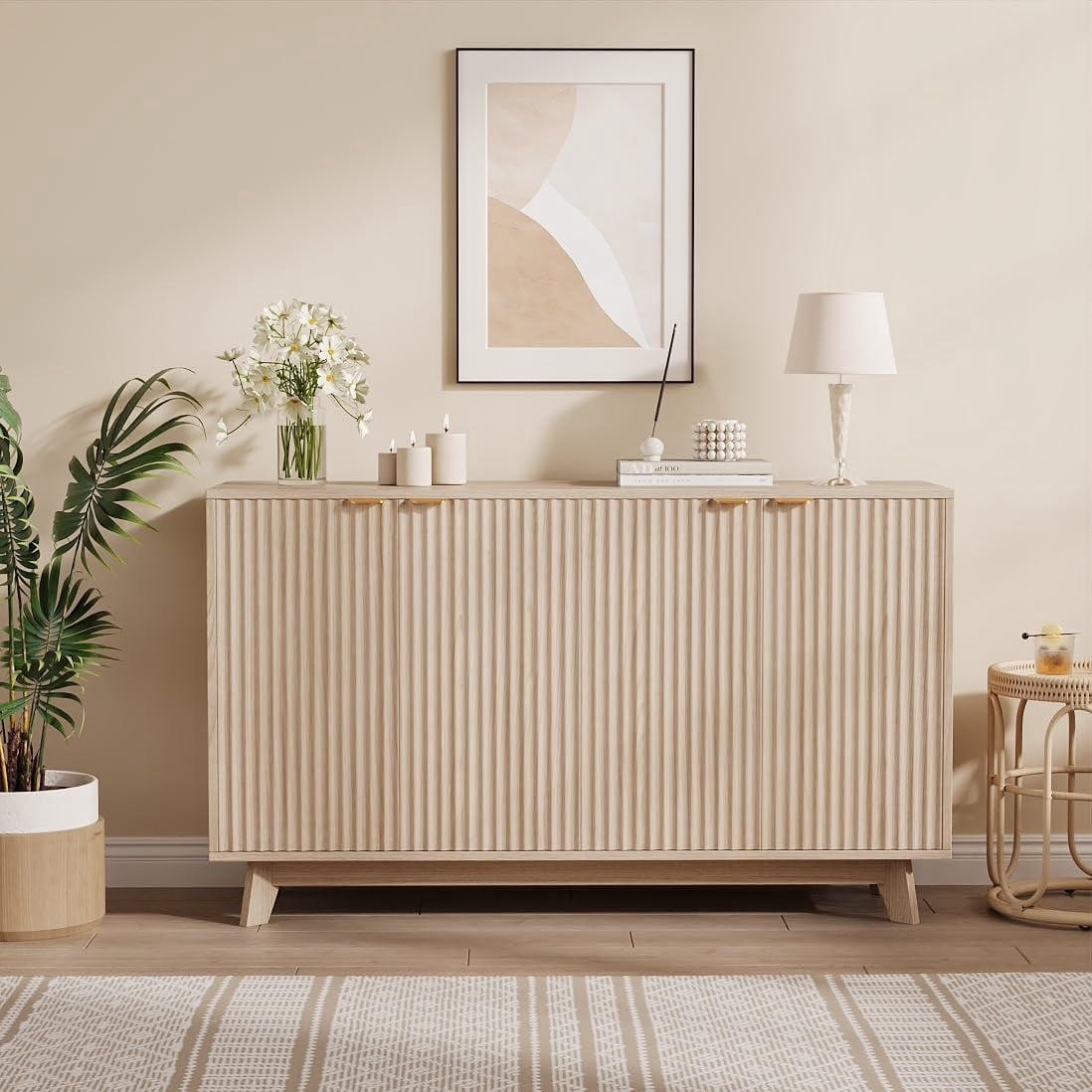 Walnut Fluted Cabinet with Storage Buffet Sideboard with Adjustable ...