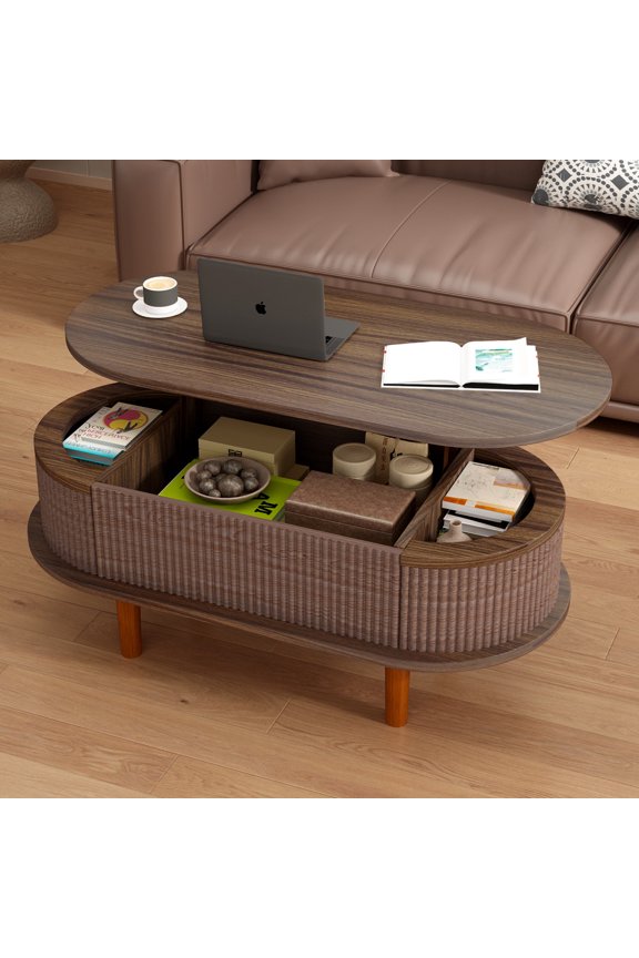 Walnut Fluted Lift Top Coffee Table with Hidden Storage Compartments Mid-Century Modern Oval Wooden Lift Tabletop Center Table for Living Room Office