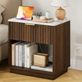 thumbnail image 1 of Walnut Fluted Nightstand with Charging Station, 23" Large Side Table with Faux Marble Top, Mid Century Modern Night Stand Bedside Table with Drawer and Open Shelf for Bedroom Living Room, 1 of 8