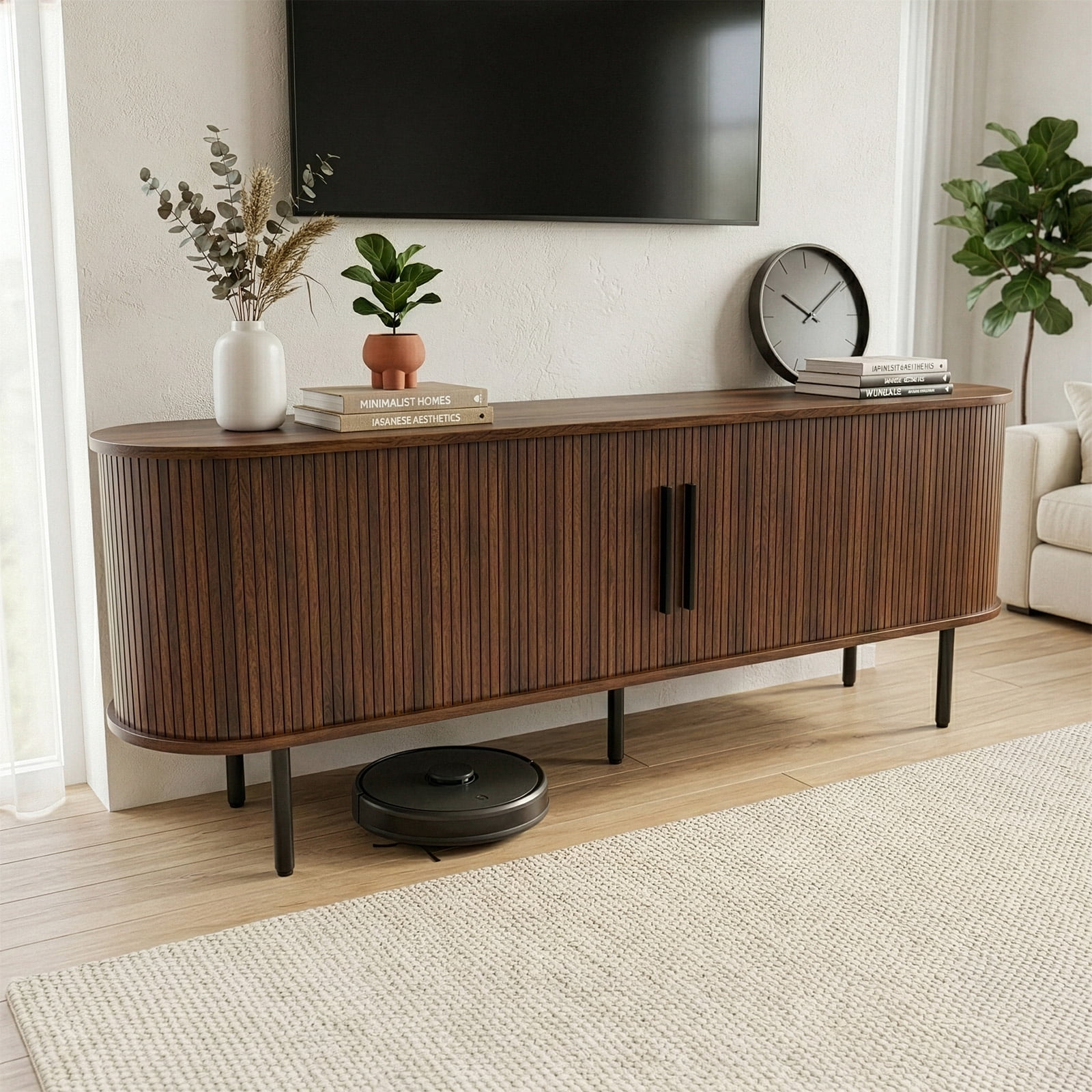 Walnut Fluted TV Stand with Oval Countertop, 58 Inch Sliding Door Media Console Holds 65 Inch TV for Living Room Bedroom