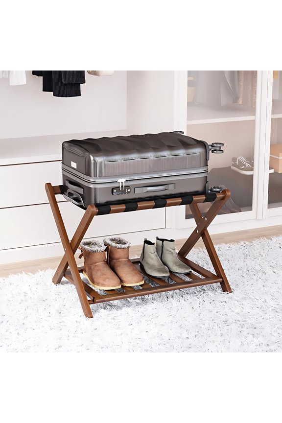 Walnut Folding Bamboo Luggage Rack, 2-Tier Suitcase Stand with Shoe Shelf, Heavy Duty Guest Room Luggage Holder Fully Assembled Travel Storage Rack