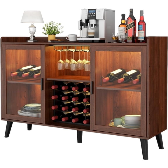 Walnut Freestanding Wine Bar Cabinet with LED Lights, Home Coffee Bar Buffet Sideboard with 22 Bottle Wine Rack, Stem Glass Holder and Open Storage Shelves, Modern Liquor Storage Cabinet