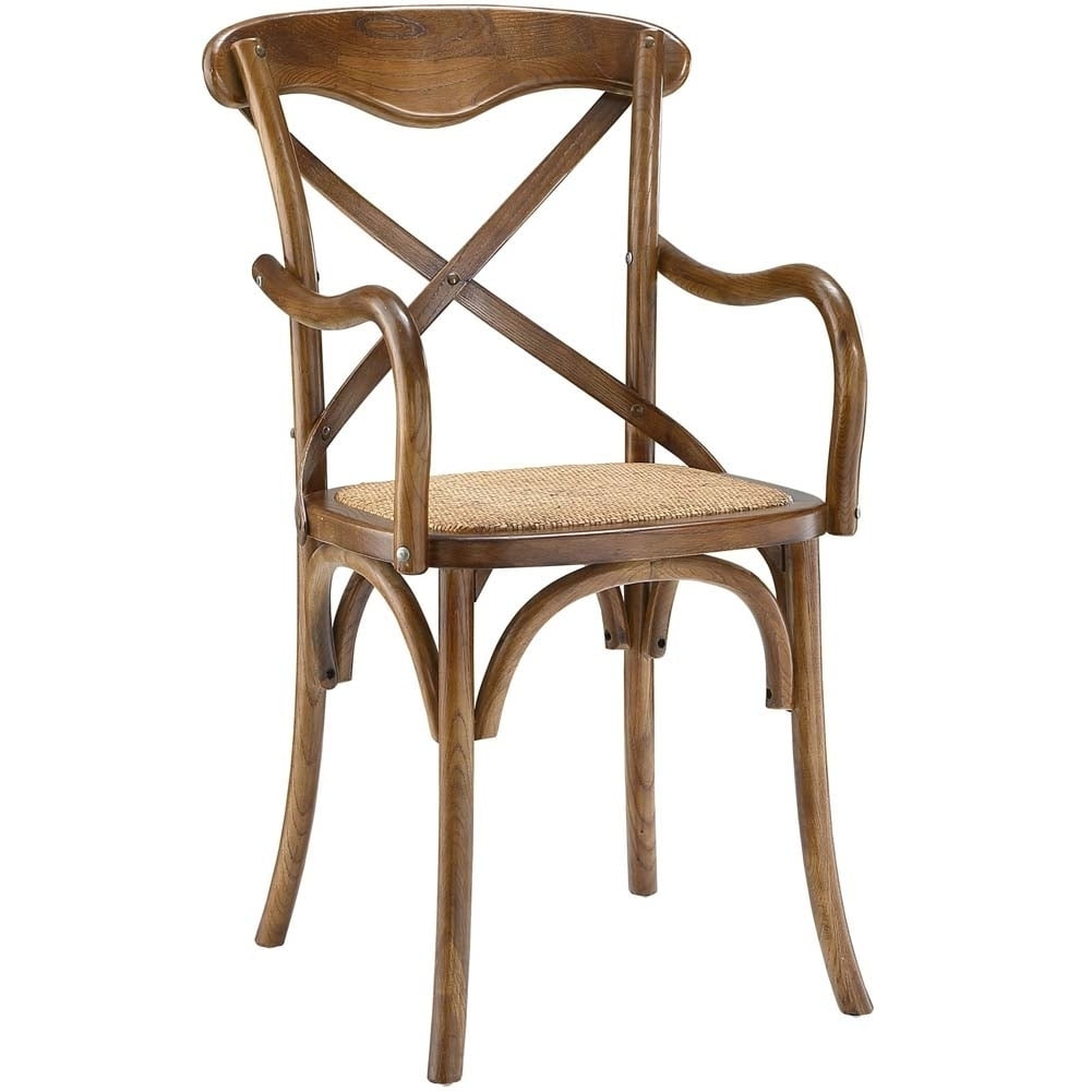 Farmhouse Walnut Wood Upholstered Arm Chair with Cross Back