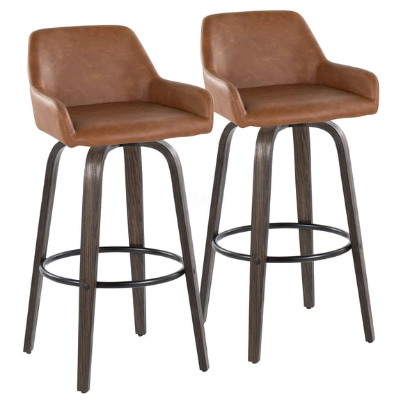 Walnut Glazed Wood Bar Stools with Swivel, Set of 2 Camel Faux Leather Counter Height Stools with Round Footrest