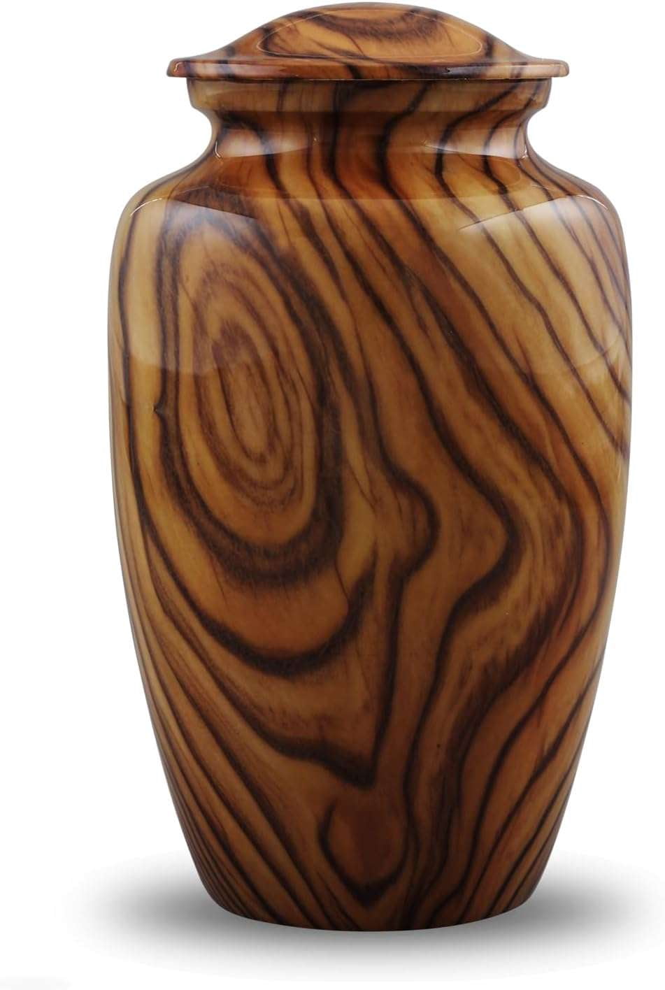 Walnut Grain Print Cremation Urn for Human Ashes Full Size Metal Urn Teak Wood Finish Adult Memorial with Velvet Bag 6x6x10.5 Inch Holds Up to 200 Cu In