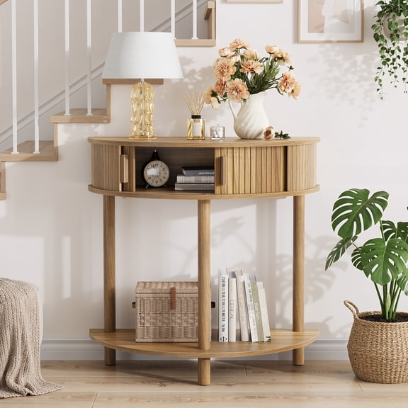 Walnut Half-Moon Console Table with Storage Drawers 31.5" Farmhouse Sofa Table Behind Couch for Entryway & Small Spaces