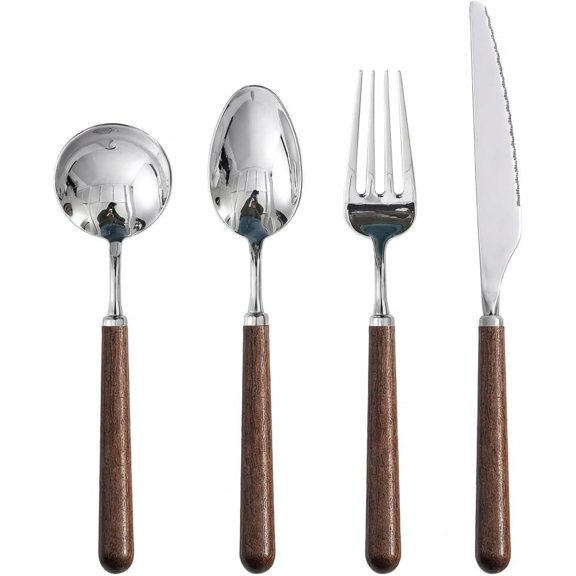 Walnut  Handle Flatware Set, Heavy-Duty 304 Stainless Steel Cutlery for Rust Resistant Daily Dining, Dinner  Fork Spoon for 1, Rustic Silverware for  Camping Travel (4 Pieces)