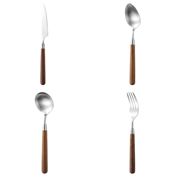 Walnut Handle Stainless Steel Tableware Set, Log Style Fork and Spoon Four Piece Set - Household Western Tableware, Kitchen Cutlery (A*1+B*1+C*1+D*1)