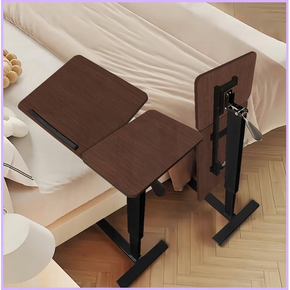 Walnut Height Adjustable Coffee Table with Wheels, Safe Overbed Table for Meals & Laptop, Rounded Corners