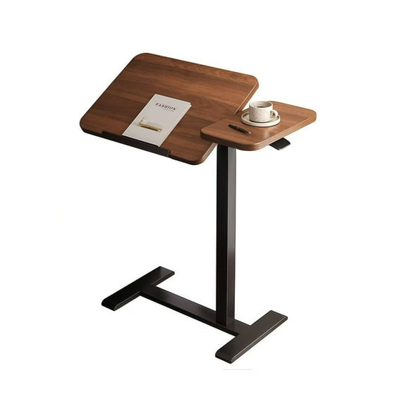 Walnut Height Adjustable Overbed Table with Wheels (MDF + Metal)