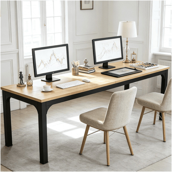 Walnut Home Office Desk for Two, Long Rectangle Computer Workstation with Industrial Design, Durable MDF and Iron Frame for Study Room or Bedroom Workspace