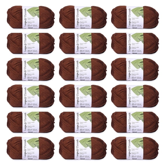 Loops & Threads Walnut Impeccable Solid Yarn - Medium Weight Yarn for Knitting, Crochet, Weaving, Arts & Crafts, 18 Pack