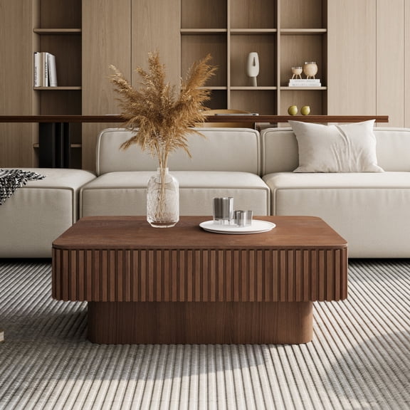 Walnut Lift Top Coffee Table with Storage, 38.6 Fluted Design Adjustable Height Solid Wood Veneered Modern Coffee Table for Living Room, Bedroom, Apartment or Office
