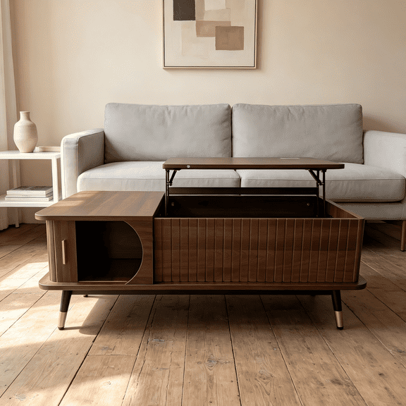 Walnut Lift Top Coffee Table with Hidden Compartment & Storage Shelf, Mid-Century Wood Pop Up Center Table for Home Living Room Office