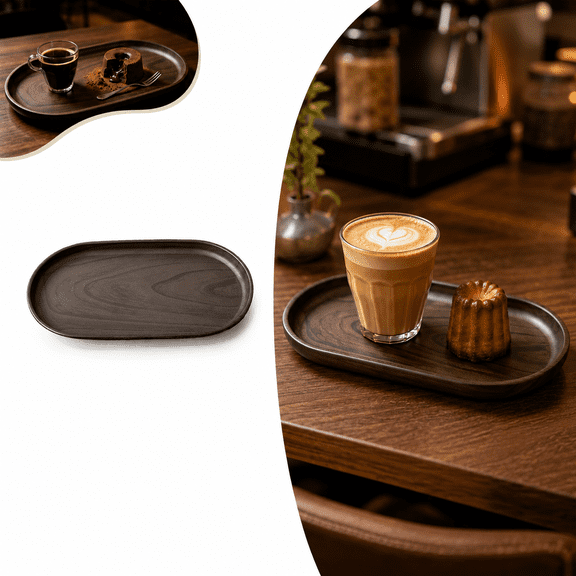 Walnut Look Serving Tray for Coffee and Desserts, Medium Oval Plastic Cafe Plate for Snacks Tea Bar Kitchen Use 12.08x6.41x0.66in