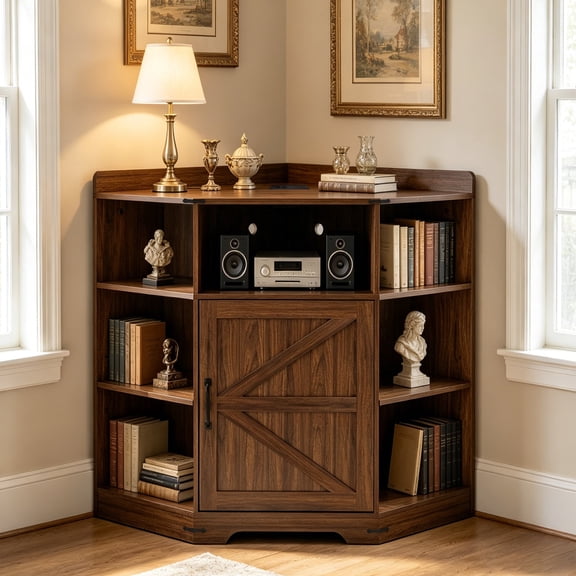 Walnut MDF Corner Cabinet - 32.28 in L x 23.62 in W x 33.86 in H for Small Space Storage