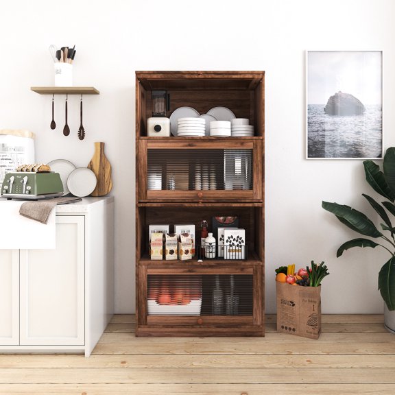 Walnut MDF Material - 4-Tier Glass Door Storage - Office/Home Use - Dustproof Display Storage