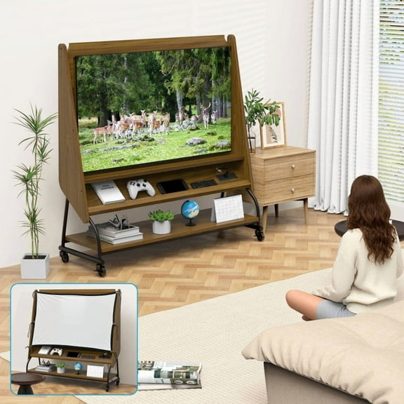 Walnut Mobile TV Stand (32-50" TV Mount + Pull-Down Projector Screen 3-Tier Storage, Power Hub, Locking Casters)