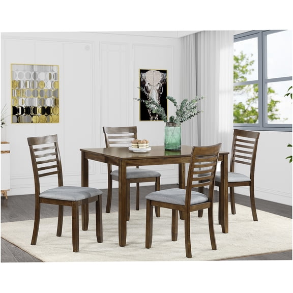 Walnut Modern 5-Piece Dining Set, Acacia Wood Rectangular Table with 4 Upholstered Chairs for Kitchen and Dining Room