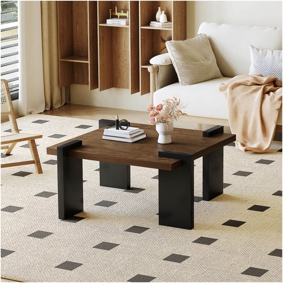 Walnut Modern Minimalist Square Coffee Table, MDF Sofa Table for Small Living Room, Easy Assembly Accent Table