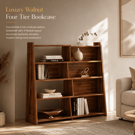 Walnut Modular Bookcase, Asymmetrical Open Display Shelf, 47.17” Brown