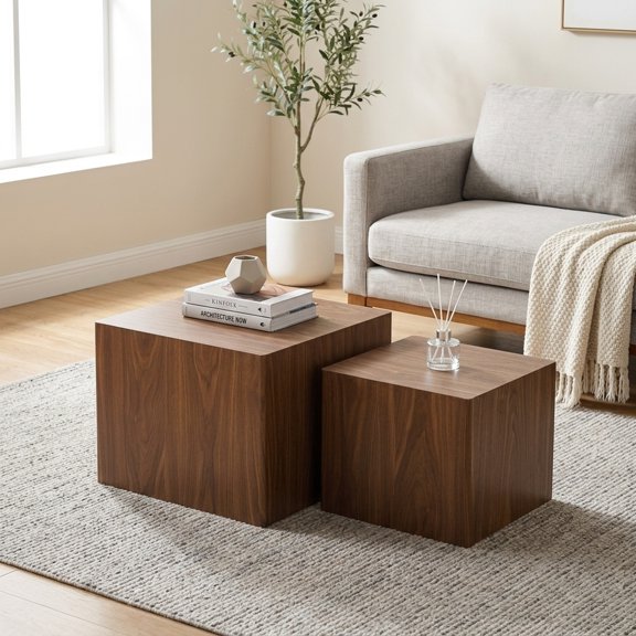 Walnut Nesting Coffee Table Set - 2-Piece Modern Wood Grain Cube Tables