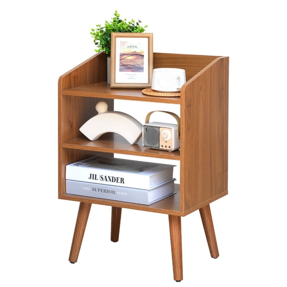Walnut Nightstand, 3 Tiers Open Storage Bedside Table, Modern End Table with Solid Wood Legs, Easy Assembly for Bedroom Living Room Small Spaces